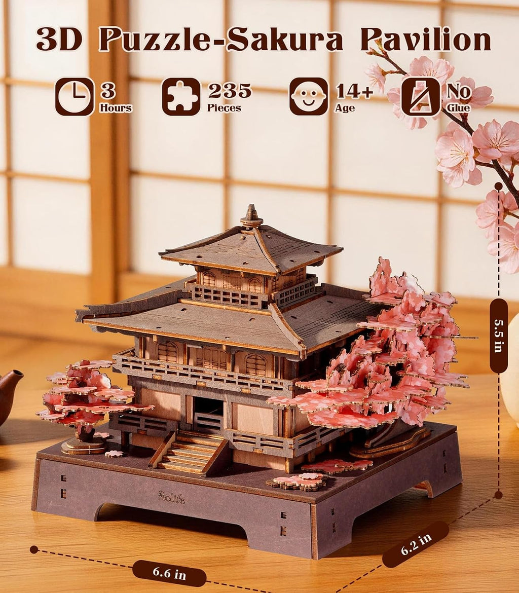 Rolife Rompecabezas de madera 3D Sakura Pavilion, modelo de arquitectura japonesa y kit de construcción de casas en miniatura para adultos, rompecabezas de madera de 235 piezas, decoración del hogar