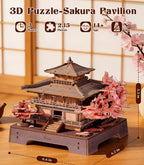 Rolife Rompecabezas de madera 3D Sakura Pavilion, modelo de arquitectura japonesa y kit de construcción de casas en miniatura para adultos, rompecabezas de madera de 235 piezas, decoración del hogar