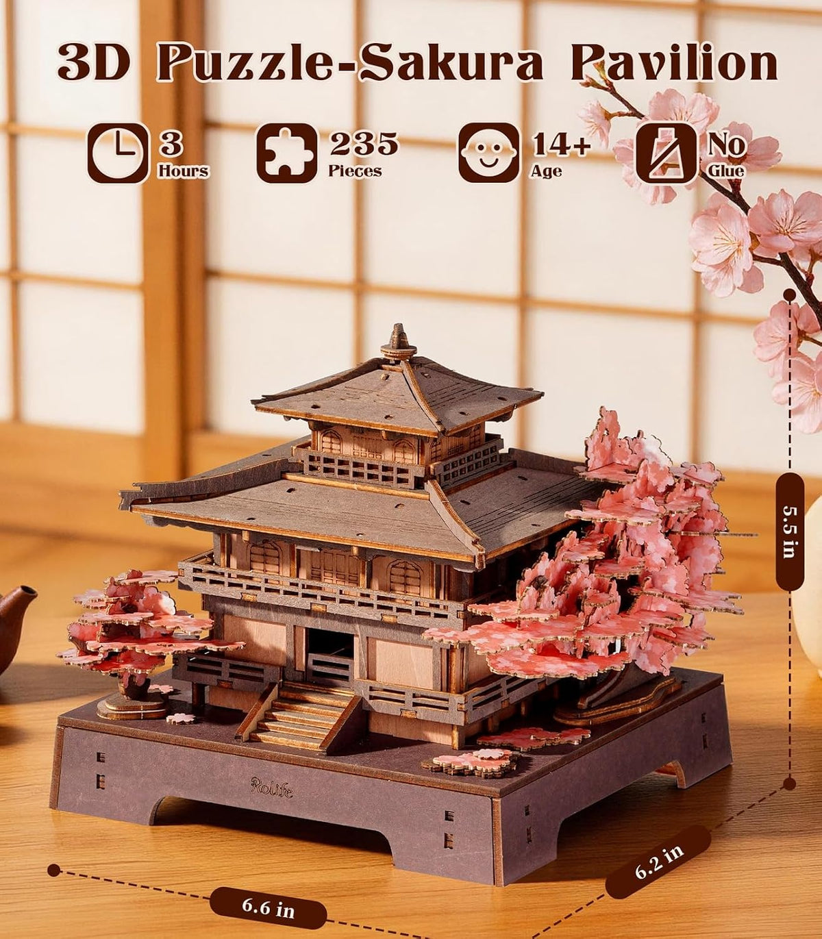 Rolife Rompecabezas de madera 3D Sakura Pavilion, modelo de arquitectura japonesa y kit de construcción de casas en miniatura para adultos, rompecabezas de madera de 235 piezas, decoración del hogar
