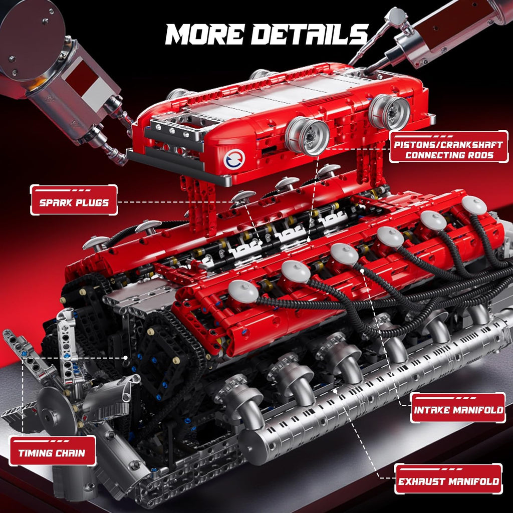 Mould King Kit de modelo de motor V12 que funciona – Juego de bloques de construcción de mini motores motorizados con batería y cambio de marchas, juguete STEM de construcción de automóviles para adultos, kit de ingeniería mecánica de bricolaje (más de