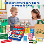 Calculadora de caja registradora de juguete de regalo para niños de 3, 4, 5, 6, 7, 8+ años, juego de 120 piezas de tienda de comestibles con micrófono, cajas de comestibles, tarjeta de crédito, caja registradora roja para niños pequeños de 4 a 8 años