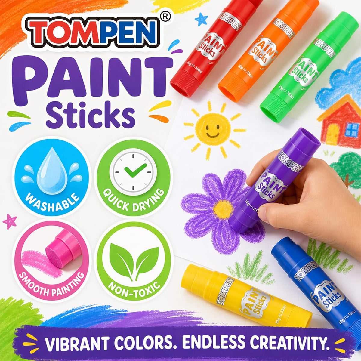 Varillas de pintura al temple para niños y artistas, paquete de 240 unidades, 12 colores vibrantes, no tóxicos, de secado rápido, colores clásicos del arco iris, lápices de pintura sólidos