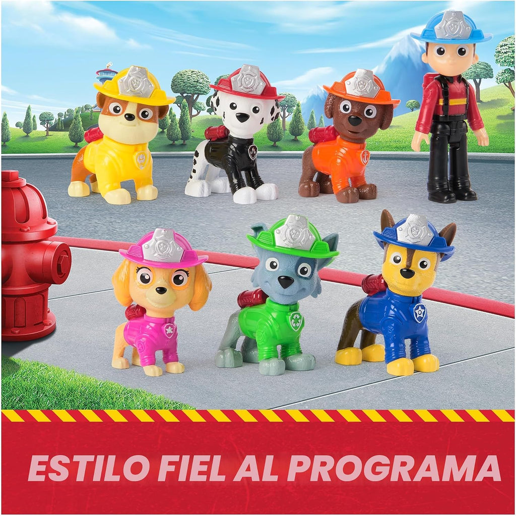 Paquete de figuras de acción coleccionables del equipo de rescate contra incendios de Paw Patrol con 7 figuras, incluyendo Ryder y 6 cachorros, juguetes para niños y niñas a partir de 3 años
