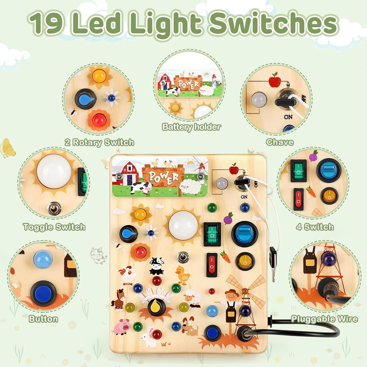 Sanlebi Tablero LED ocupado para niños pequeños de 1 a 3 años, juguete Montessori con interruptor de llave, tablero sensorial de actividad de madera iluminado para habilidades motoras finas, juguete educativo de viaje, regalo para niños y niñas de 1, 2, 3