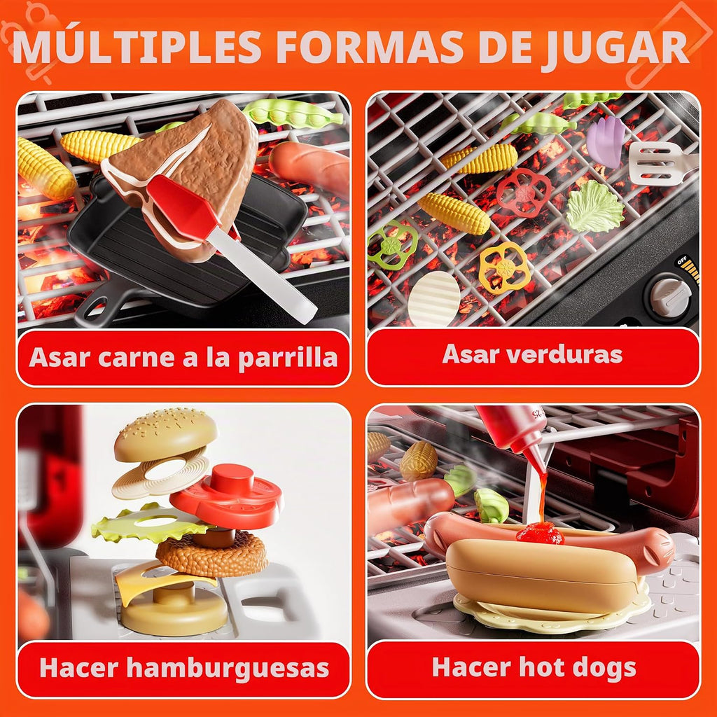 Set de juego para niños Parrilla BBQ de 2 niveles, Parrilla de juguete para niños, Comida de juego para exteriores