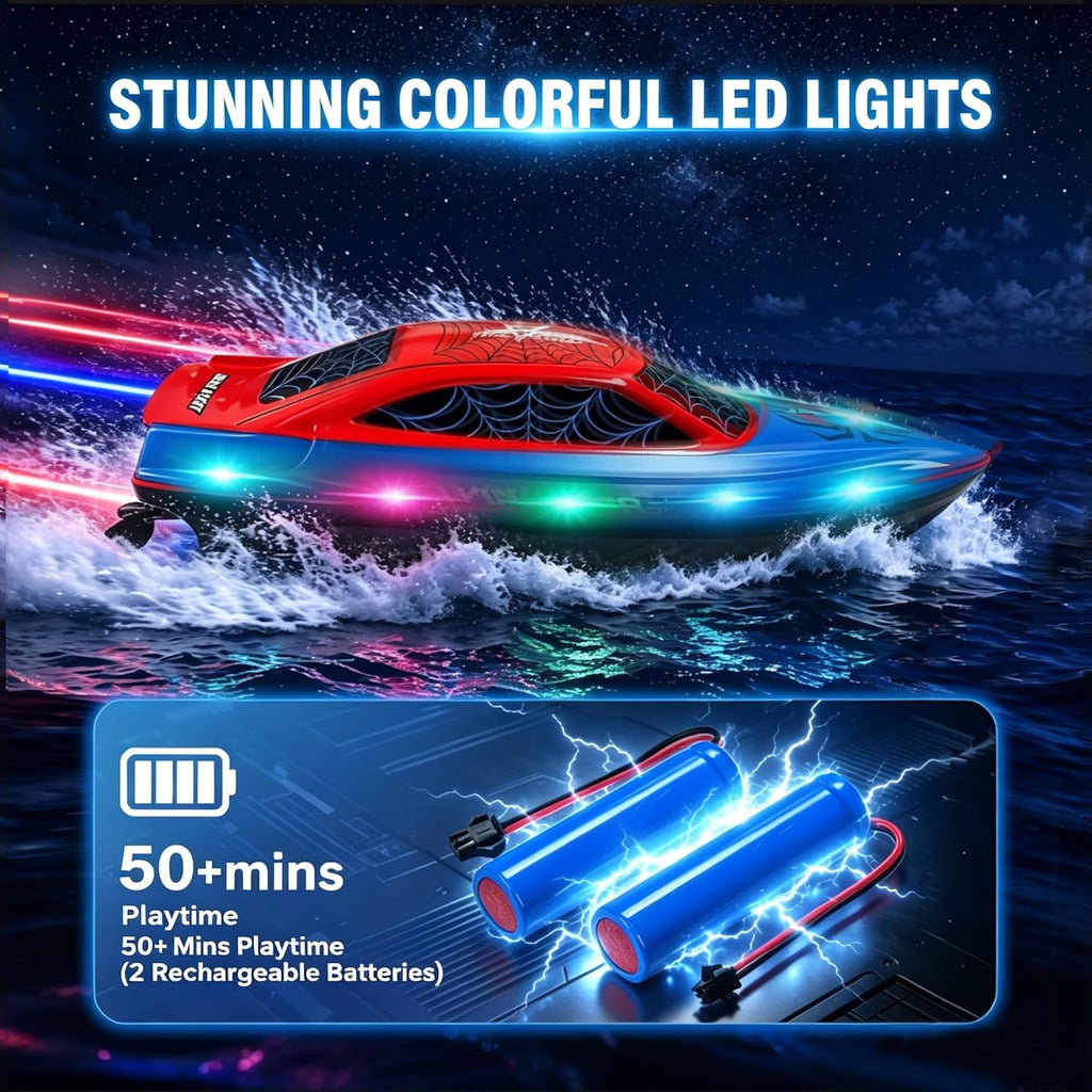 FLYING STAR Paquete de 2 barcos de control remoto de 13 pulgadas para niños, 2 baterías, barco de carreras RC de 2.4 GHz con luces LED para piscinas y lagos, juguete de agua de verano para niños de 8