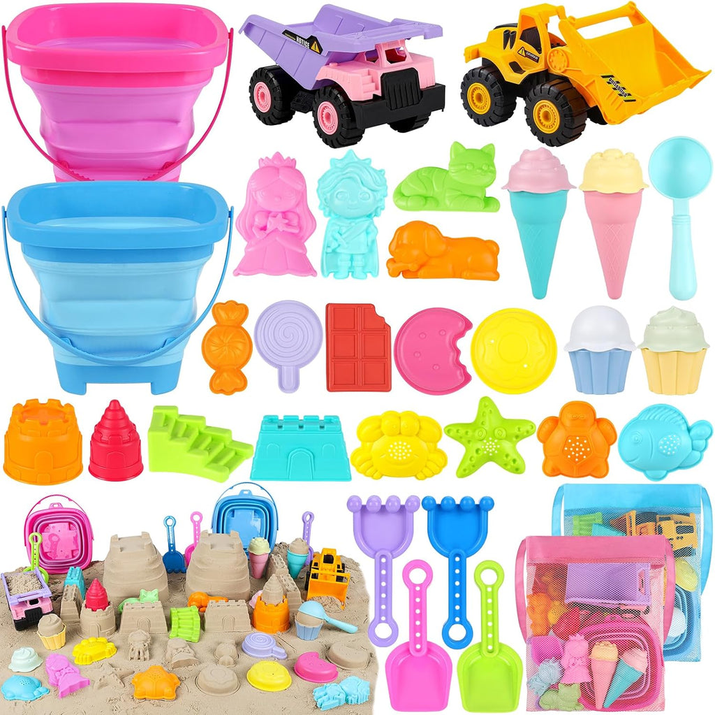 Juguetes de playa con 2 camiones, cubos plegables para niños de 3