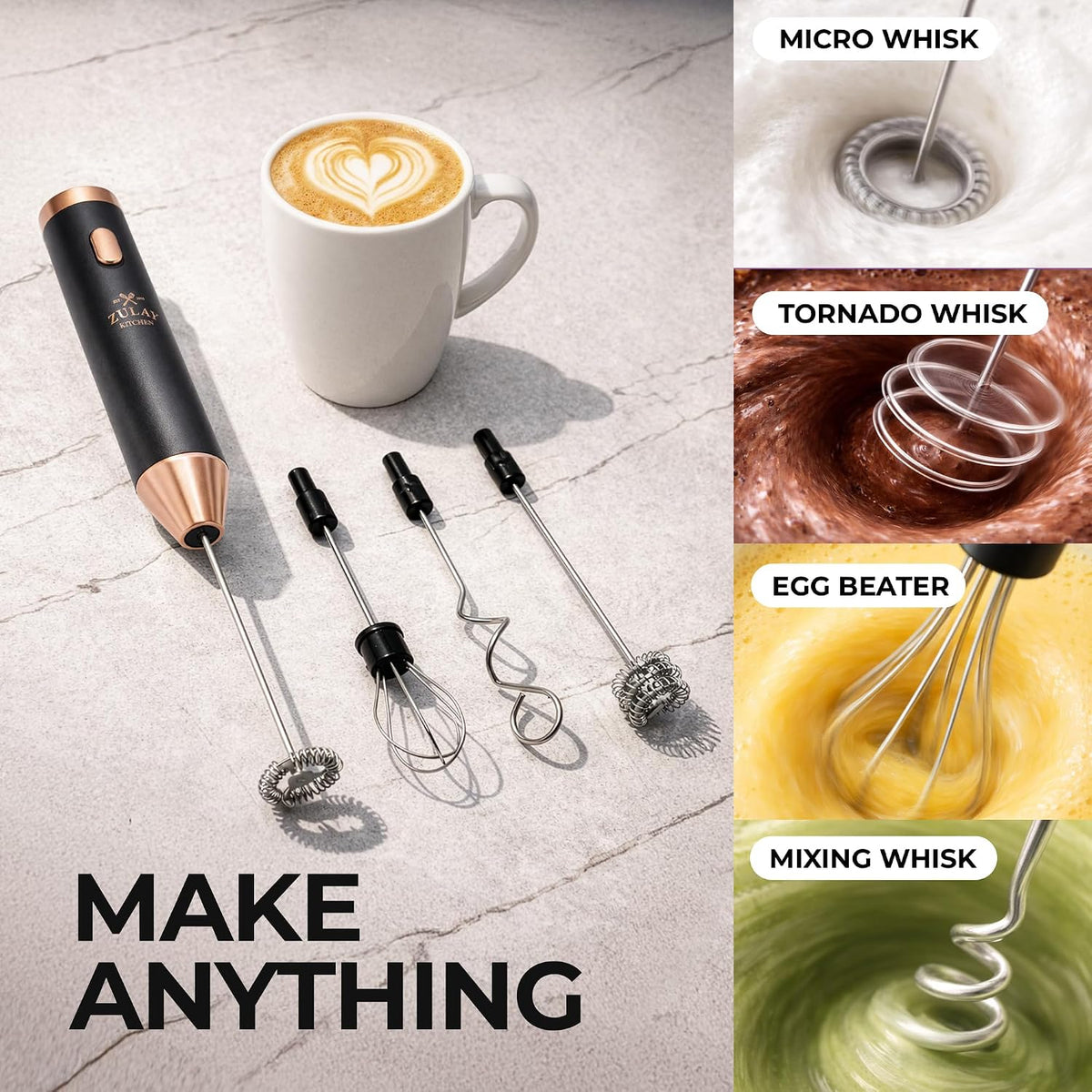 Zulay Kitchen Espumador de leche recargable de mano, varita espumadora, mezclador de bebidas, espumador eléctrico, para capuchinos, matcha y proteína en polvo, batidor Ultra Metal 4, cobre negro de