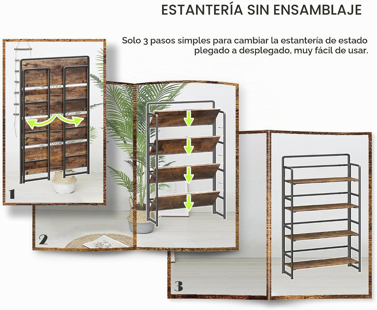 Estantería plegable extra ancha de 4 niveles sin montaje, estantes de almacenamiento vintage para dormitorio, sala de estar, oficina en casa
