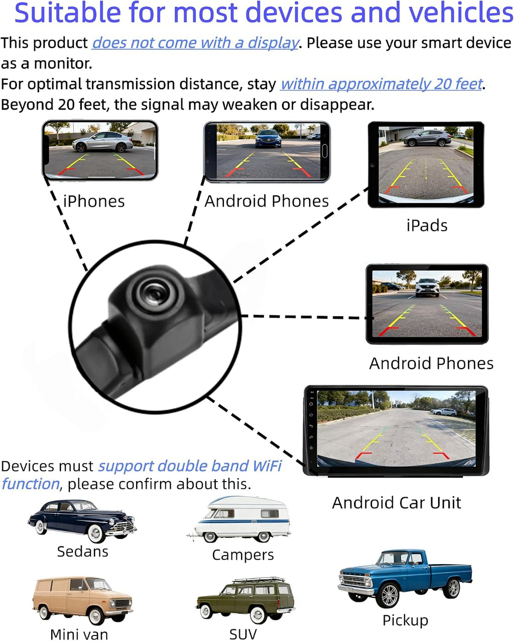 Cámara de respaldo inalámbrica AHD 1080P Cámara de matrícula para iPhone iPad Android Teléfonos inteligentes Visión nocturna clara IP68 impermeable vista trasera/frontal cámara inversa para sedanes