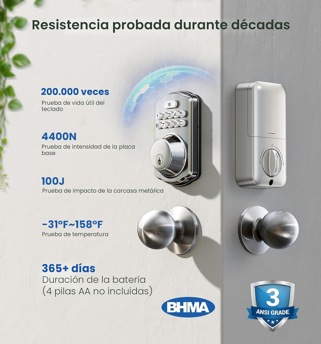 Veise Cerradura de puerta de entrada sin llave con 2 perillas, cerr...