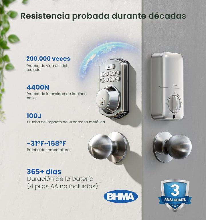 Veise Cerradura de puerta de entrada sin llave con 2 perillas, cerr...