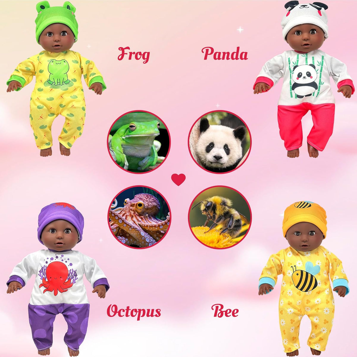 Muñeca de bebé de cuerpo suave con accesorios y 4 juegos de trajes de animales, Afroamericano