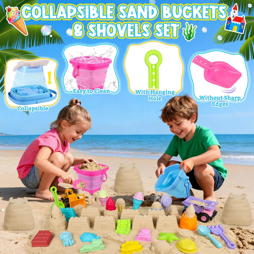 Juguetes de playa con 2 camiones, cubos plegables para niños de 3