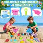 Juguetes de playa con 2 camiones, cubos plegables para niños de 3