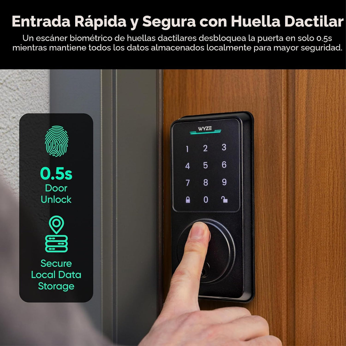 Wyze Auto-Lock Bolt v2, Control de Acceso sin Llave con Huella dactilar, Cerradura Inteligente con Escáner de Aprendizaje AI y Wi-Fi para Puerta Principal, Cerradura de Pestillo con Cierre Automático, Batería de 8 Meses, BHMA2, IP53, Teclado Anti‑Mirada