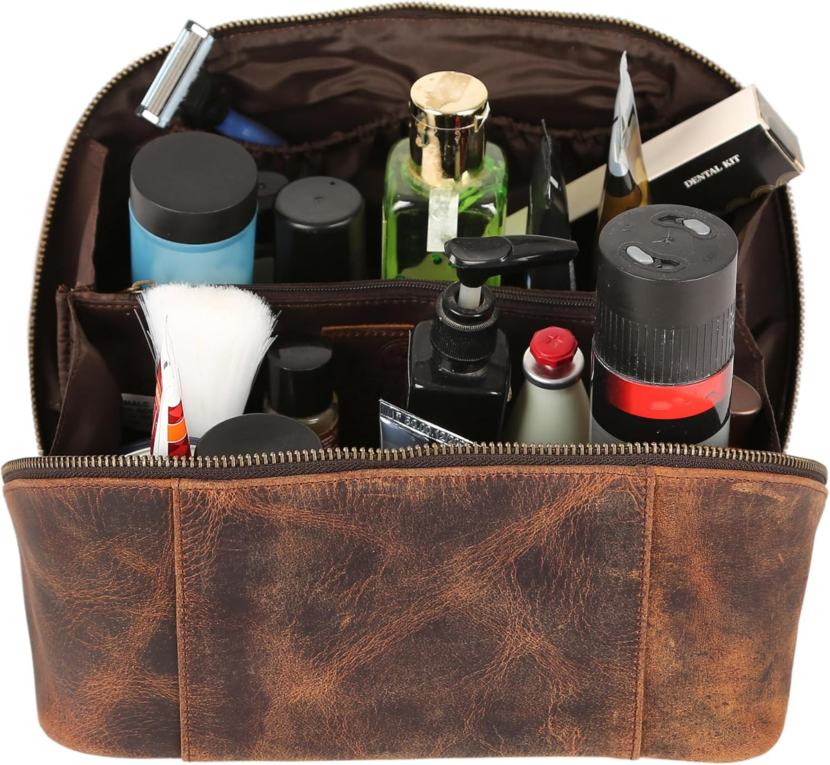 KomalC Bolsa de viaje de cuero de lujo para hombre, kit de afeitado hecho a mano con amplio almacenamiento y asa de transporte, bolsa de viaje de cuero para hombres y mujeres (marrón oscuro)