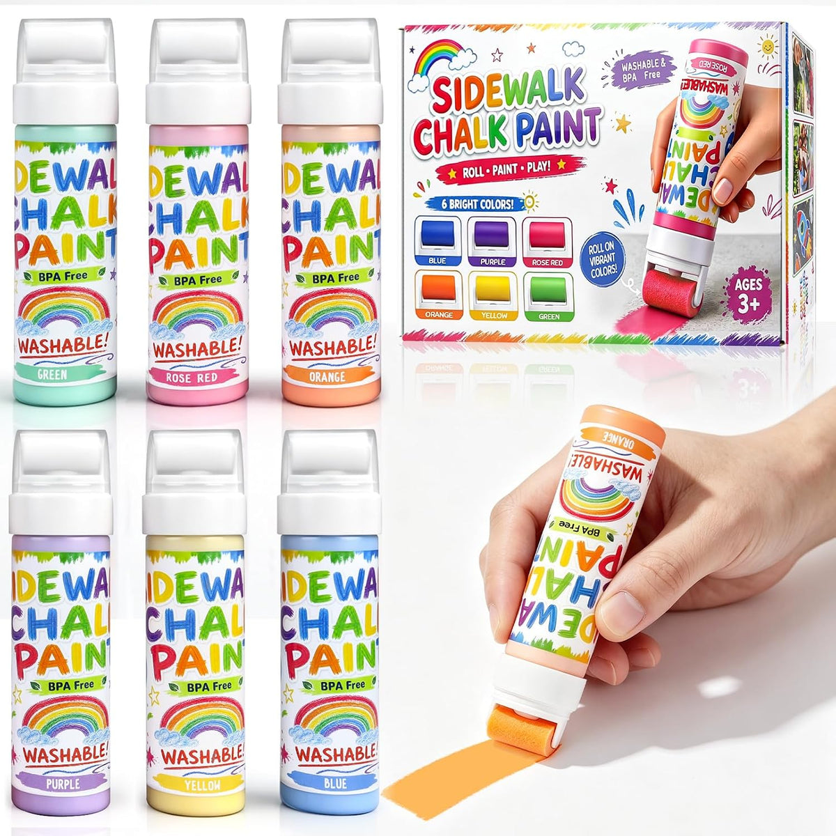 Juego de 6 pinturas de tiza en polvo lavables para acera, mezcla de tiza en polvo lavable en agua con rodillos de espuma, kit de juguete de graffiti para arte al aire libre para niños, entrada