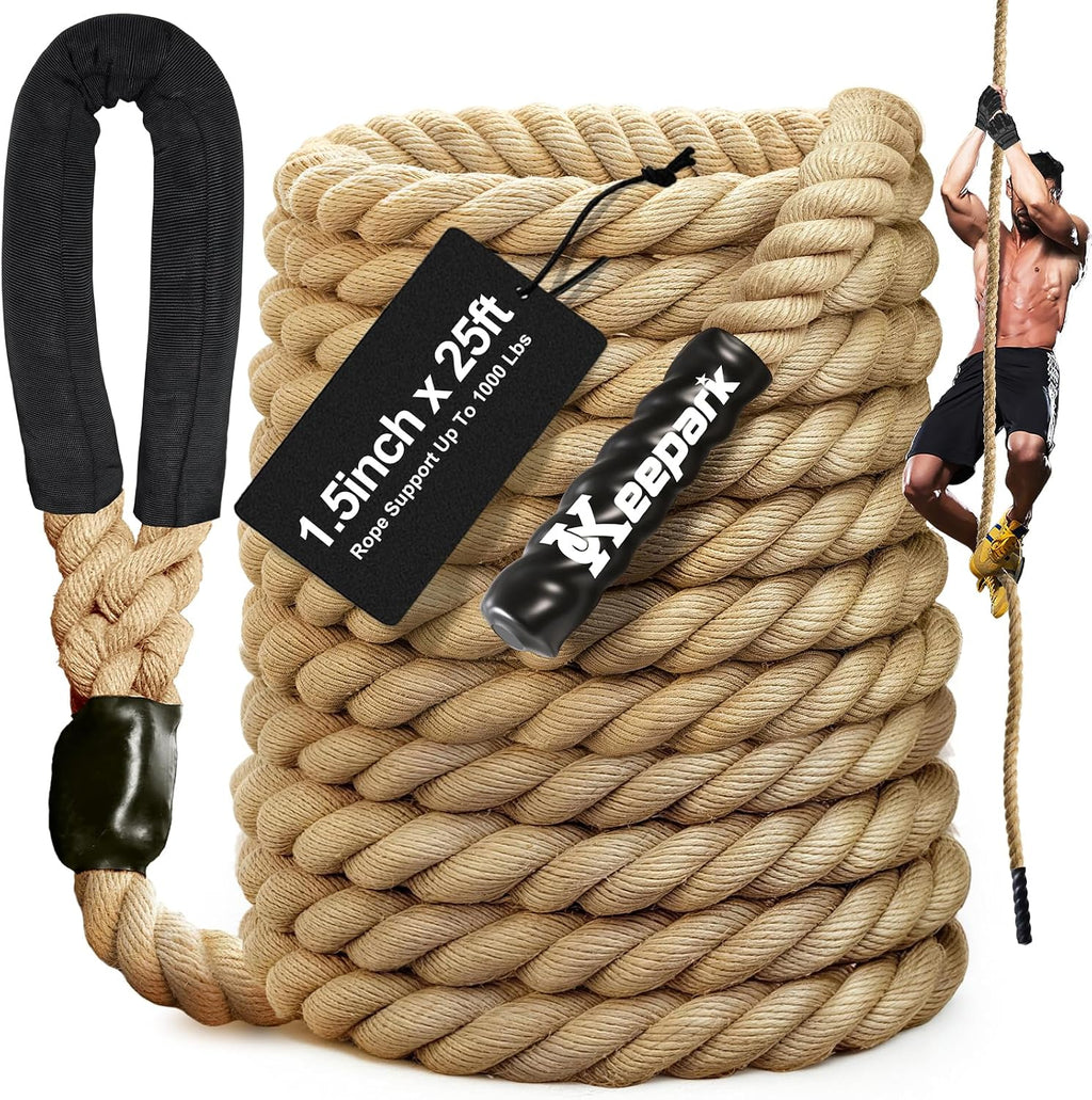 Cuerda de escalar para gimnasio - Cuerdas de ejercicio de 1.5 pulgadas de diámetro en longitudes de 10FT, 15FT, 20FT, 25FT, 30FT, 35FT, 40FT, 50FT para fitness y entrenamiento de fuerza, cuerda de escalada para adultos en casa, interior o exterior