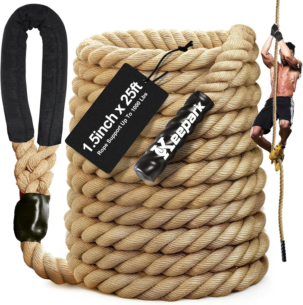 Cuerda de escalar para gimnasio - Cuerdas de ejercicio de 1.5 pulgadas de diámetro en longitudes de 10FT, 15FT, 20FT, 25FT, 30FT, 35FT, 40FT, 50FT para fitness y entrenamiento de fuerza, cuerda de escalada para adultos en casa, interior o exterior