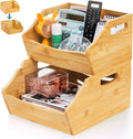 Paquete de 2 cubos de almacenamiento apilables de bambú, contenedores apilables de frente abierto para encimera, cesta organizadora de 2 niveles con asa, contenedor de alimentos y frutas para gabinete, cocina, estudio, oficina