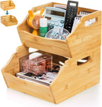 Paquete de 2 cubos de almacenamiento apilables de bambú, contenedores apilables de frente abierto para encimera, cesta organizadora de 2 niveles con asa, contenedor de alimentos y frutas para gabinete, cocina, estudio, oficina