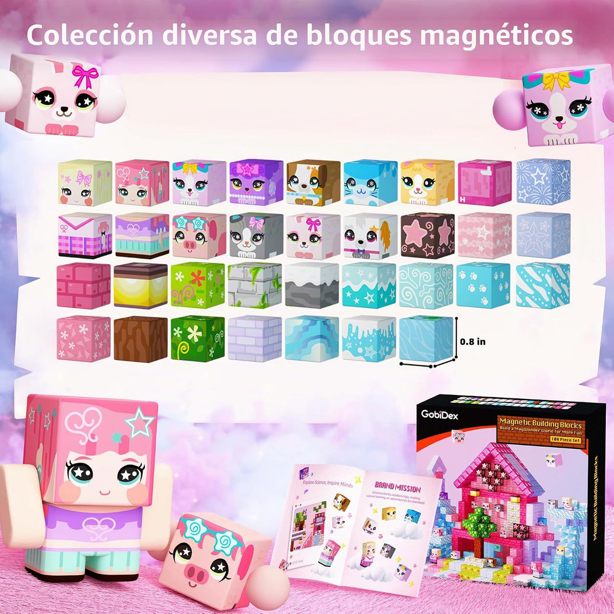 Bloques magnéticos GobiDex de 100 piezas para niños, bloques de construcción de castillo de princesa rosa