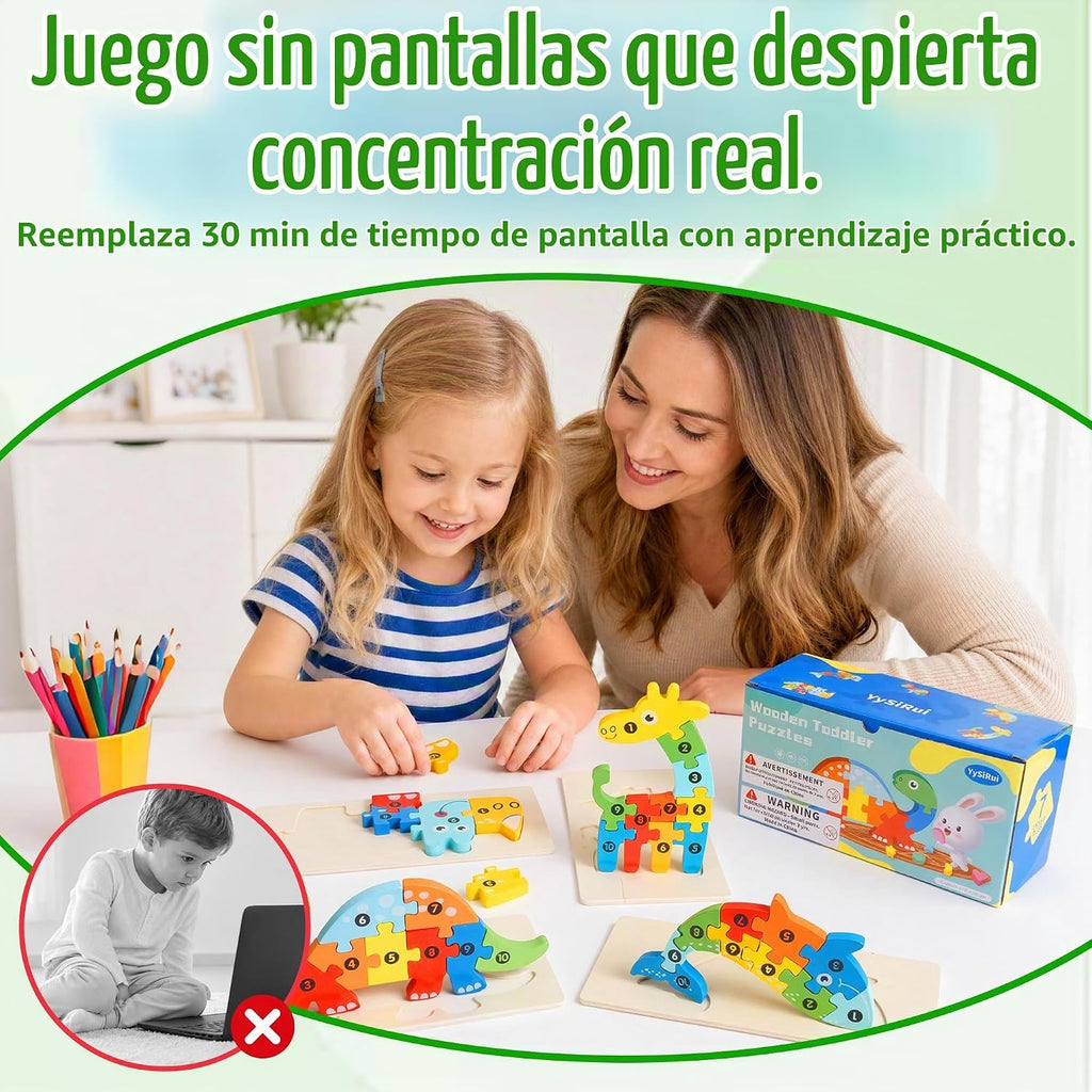 Set de 7 Rompecabezas de Madera para Niños 3-5, Rompecabezas Montessori de Animales