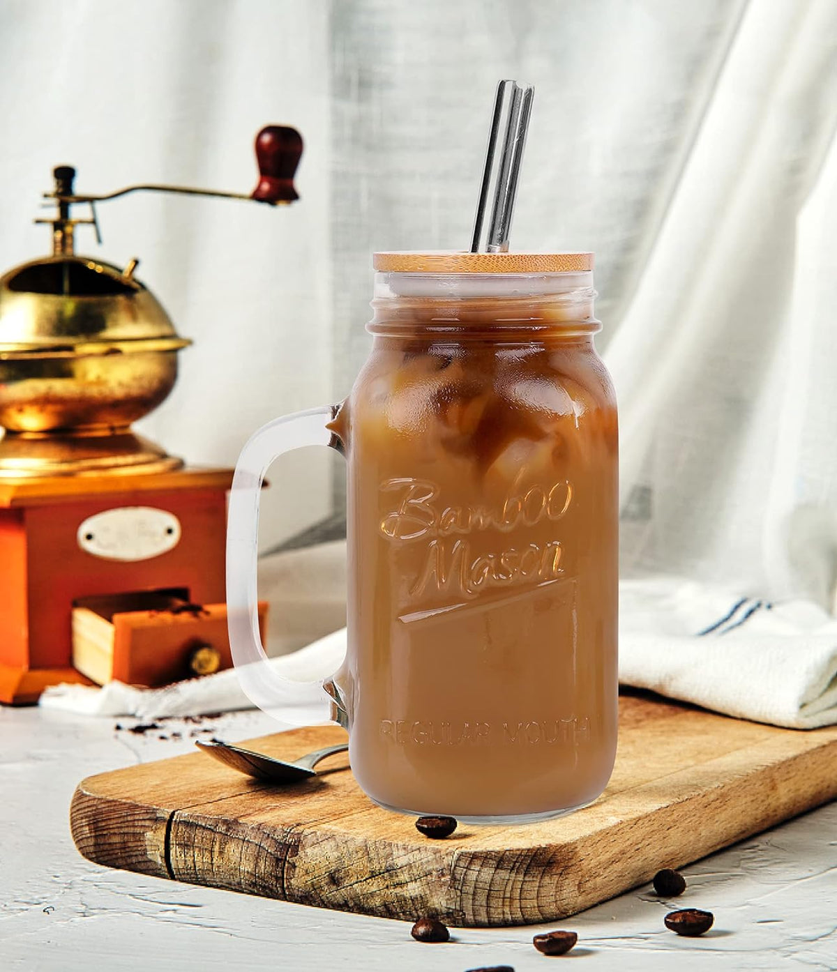 Tarro Mason con tapa y pajilla, tarros Mason de boca regular de 24 onzas con asa, vasos reutilizables, botellas de agua para batidos para café helado, clásico