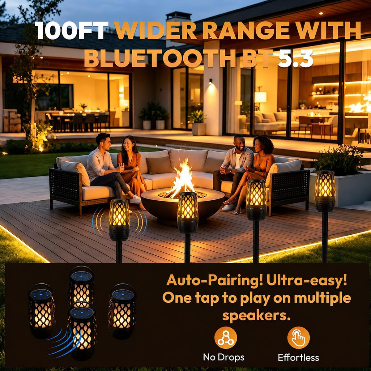 Altavoces para exteriores Bluetooth con luces de llama, sonido estéreo HD e