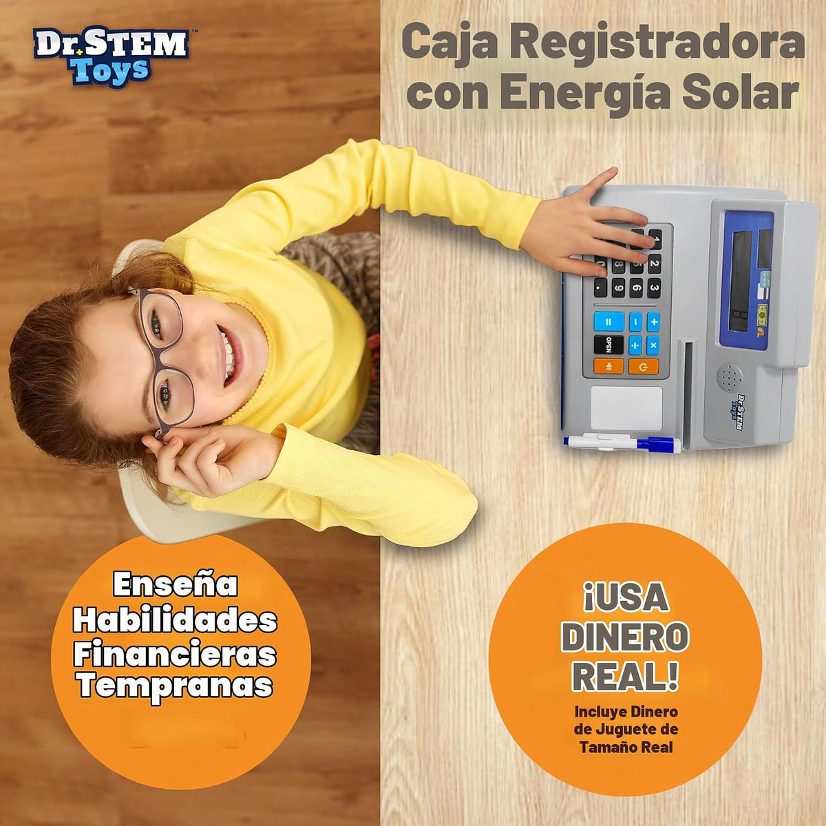Calculadora solar con cajita registradora de juguete y dinero de juego – Set de 67 piezas para aprender habilidades de matemáticas, caja registradora STEM para niños (gris)
