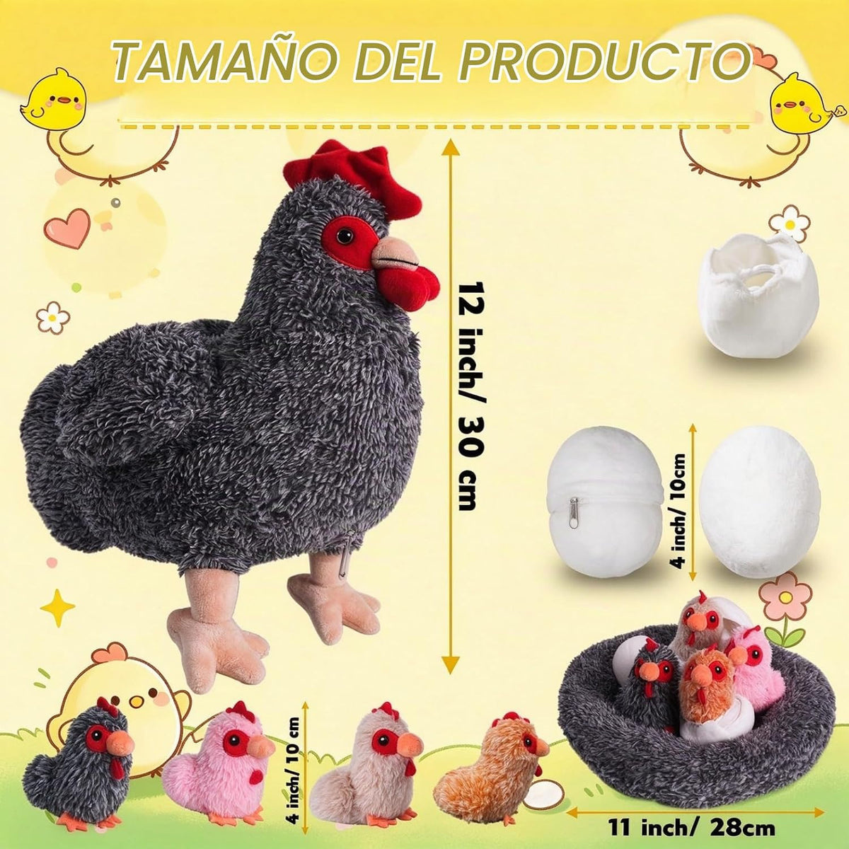 Juego de animales de peluche de pollo 9 en 1, juguete de peluche de pollo con barras, gallina ponedora con cremallera y pollitos de juguete, pollos, huevos y gallinero, juguetes para