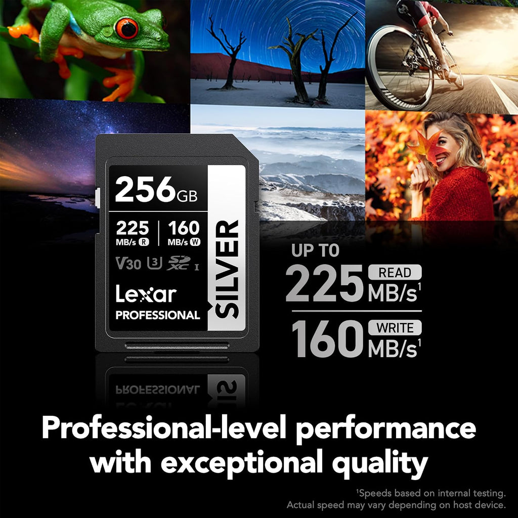 Lexar Tarjeta de memoria SD plateada de 256 GB, lectura de 225 MB/s, 4K