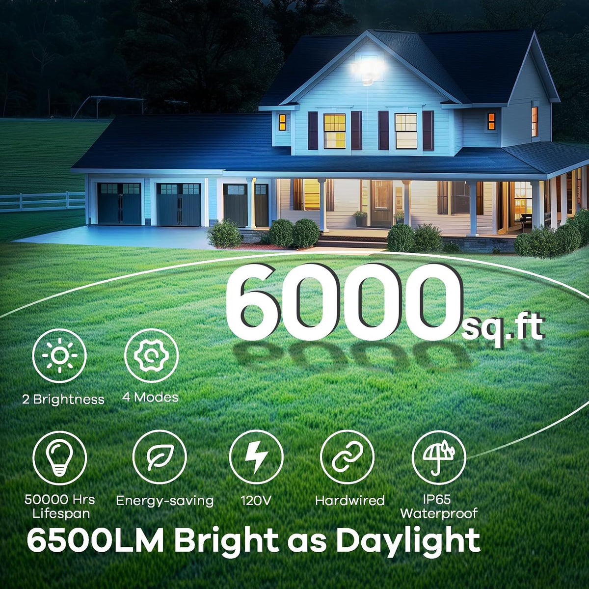 OREiN Luz de inundación para exteriores con sensor de movimiento de 42W 6500LM, luz de seguridad LED cableada, 4 modos de iluminación, detección PIR dual de 240°, del atardecer al amanecer