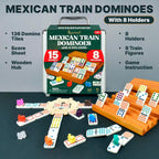Queensell Juego de Dominó de Tren Mexicano Doble 15 con 8 Soportes - Cubo de Madera y Soportes para Fichas - Doble 15 con Puntos (D15 + 8 Soportes)