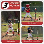 Juego de béisbol 3 en 1 - Altura ajustable, juego de bate de tee colgante con máquina de lanzamiento automática/6 bolas/bate retráctil, soporte de tball adecuado para exteriores, juguetes