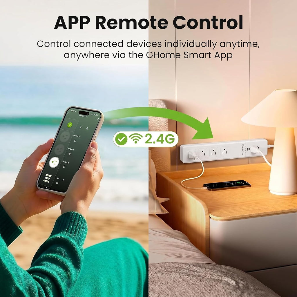 Regleta de alimentación WiFi inteligente, protector de sobretensiones con múltiples salidas de CA, control remoto WiFi, toma inteligente compatible con Alexa Google Home, función de temporizador