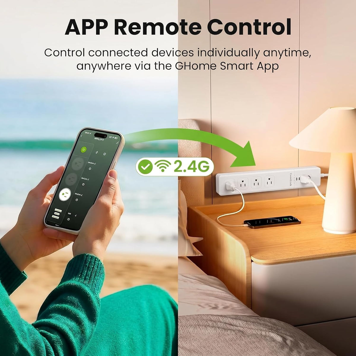 Regleta de alimentación WiFi inteligente, protector de sobretensiones con múltiples salidas de CA, control remoto WiFi, toma inteligente compatible con Alexa Google Home, función de temporizador