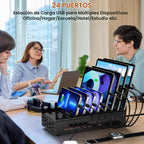 Estación de carga USB de 300 W para múltiples dispositivos, estación de carga rápida múltiple de escritorio de 24 puertos con soporte organizador de dispositivos y protección múltiple, regleta de