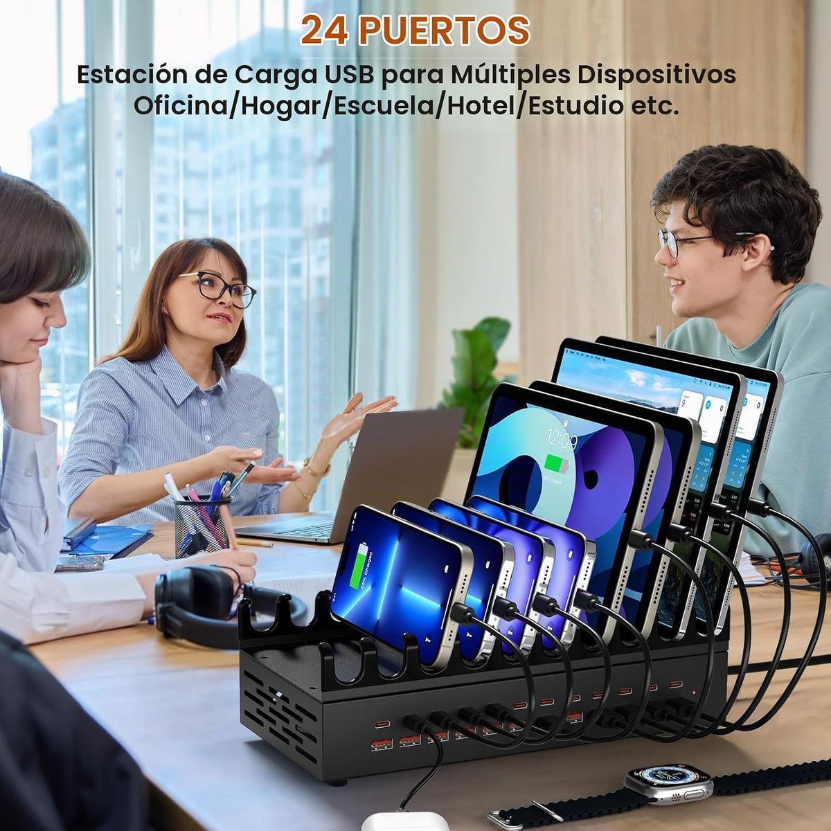 Estación de carga USB de 300 W para múltiples dispositivos, estación de carga rápida múltiple de escritorio de 24 puertos con soporte organizador de dispositivos y protección múltiple, regleta de