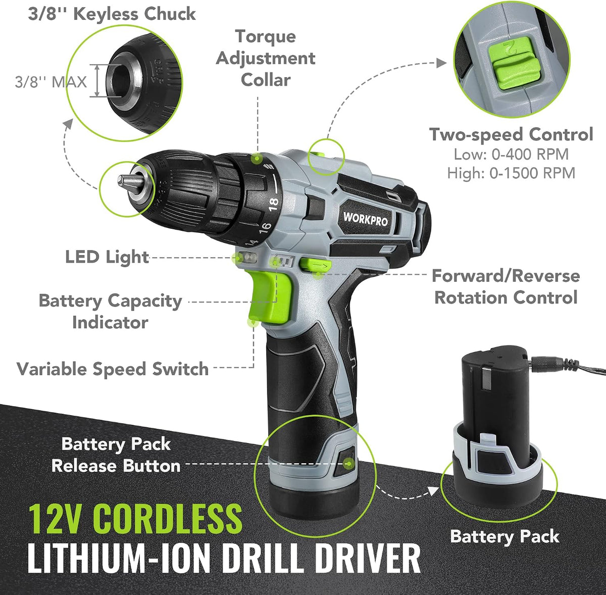 WORKPRO Juego de taladro rosa inalámbrico de 12 V para mujeres, kit de