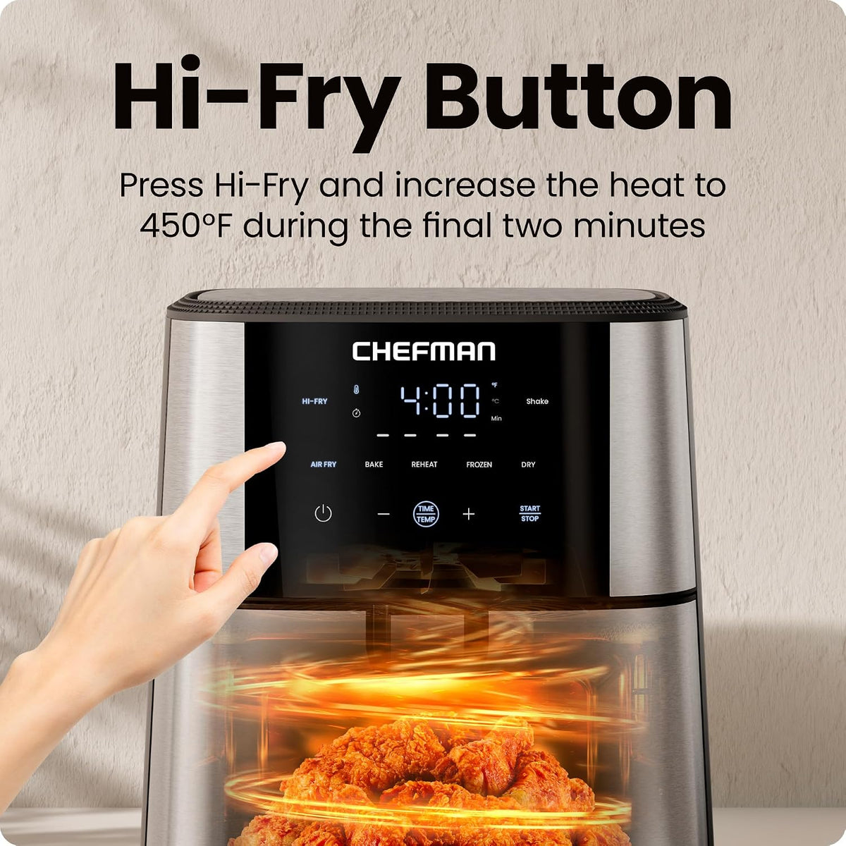 Chefman Freidora de aire de 6 cuartos de galón | TurboFry® 5 en 1 con opción Hi-Fry de 450°F para resultados más crujientes | Hornea, deshidrata, congelada | Cesta antiadherente XL apta para lavavajillas | Acero inoxidable