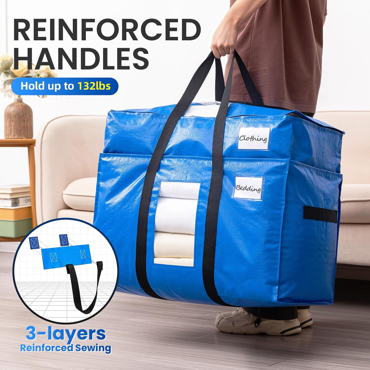 TAILI - Bolsas de mudanza extra grandes con 2 niveles, paquete de 4 bolsas azules resistentes para almacenamiento con ventana visible, asas envolventes, almacenamiento y ahorro de espacio