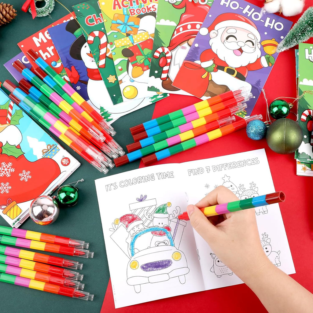 BenLouis 24 mini libros de actividades de Navidad con 24 lápices de colores para niños de 4 a 8 a 16 años, recuerdos de fiesta de Navidad a granel, diferentes juegos cerebrales para el aula, viajes