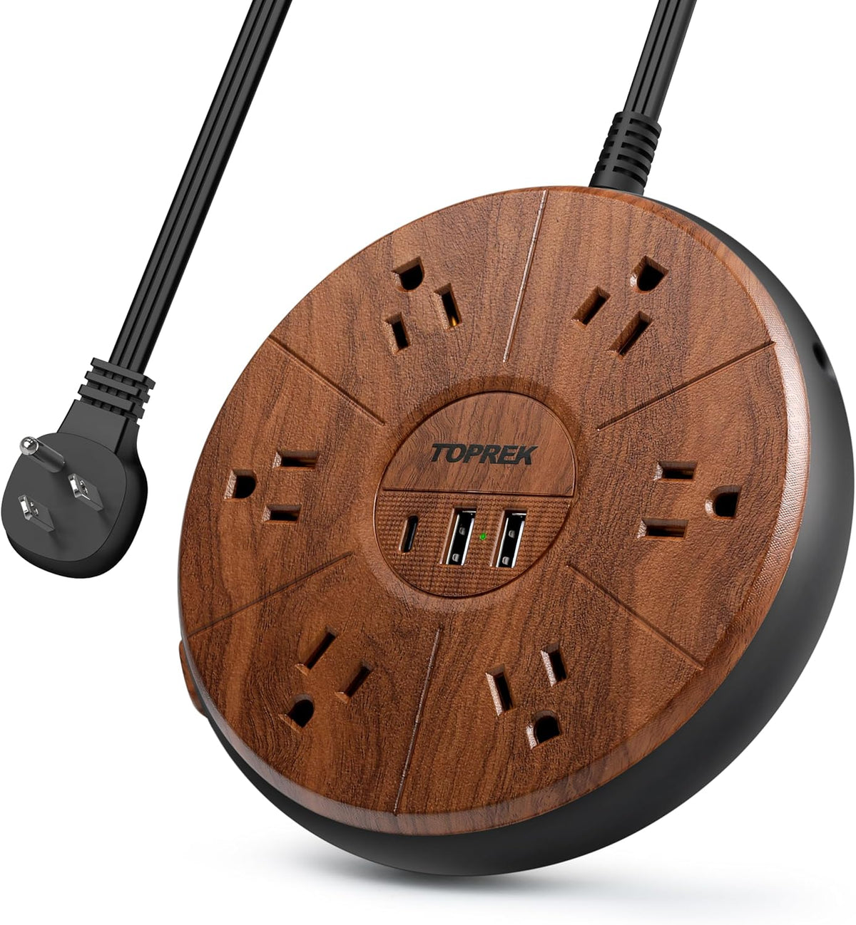 Regleta de alimentación con USB - 6 tomacorrientes, 1 USB-C (20 W PD), 2 USB-A - Regleta protectora de sobretensiones con acabado de madera, cable de extensión plano de 6.5 pies para oficina en casa