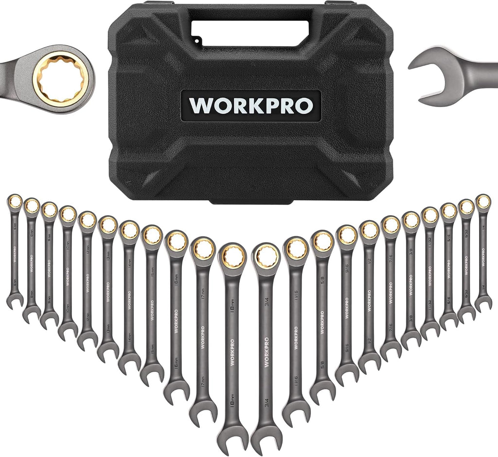 WORKPRO Juego de llaves combinadas de trinquete de 22 piezas con caja de herramientas, niquelado