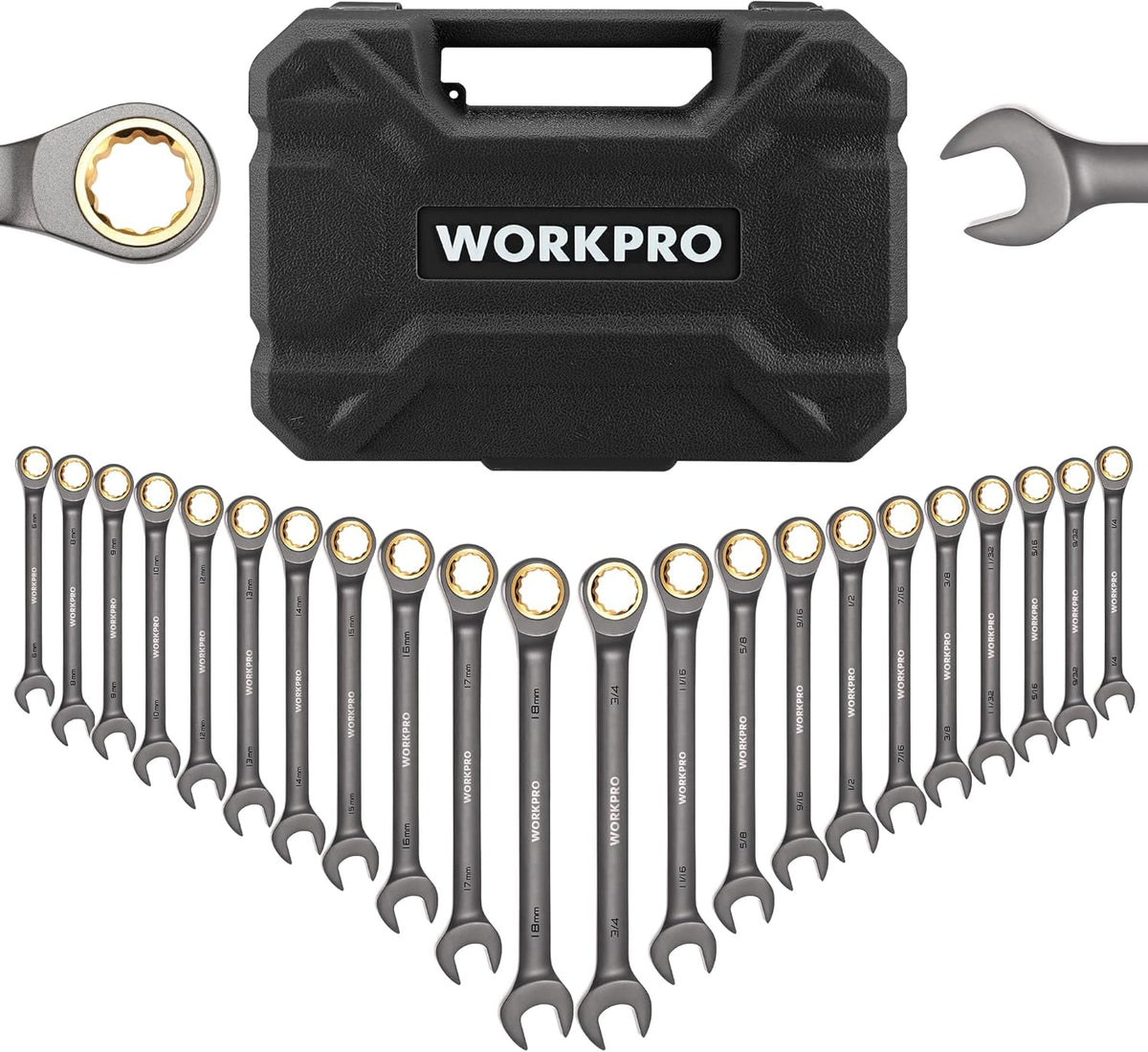 WORKPRO Juego de llaves combinadas de trinquete de 22 piezas con caja de herramientas, niquelado