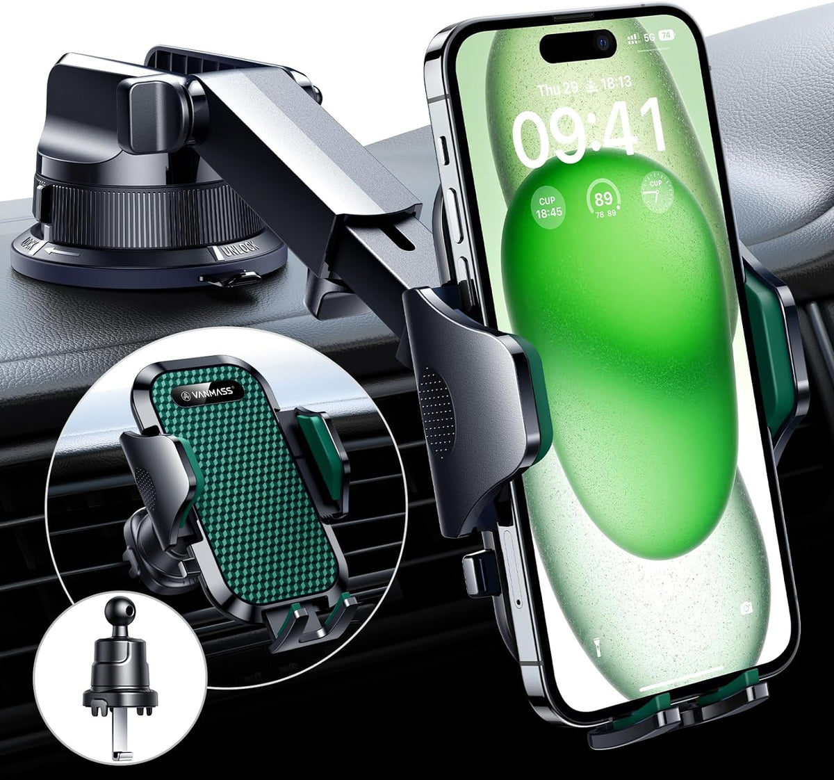 VANMASS [Verdad Grado Militar] Soporte de teléfono de coche [Sución más fuerte y clip] Soporte de teléfono celular para salpicadero, rejilla de ventilación del parabrisas, accesorios para camiones