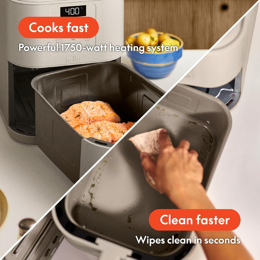 bella Freidora de Aire Delgada de 6 Qt, Utensilios de Cocina Fits-anywhere™, Revestimiento Antiadherente de Cerámica EverGood™, Temperatura Ajustable, 6 Opciones de Cocción Preestablecidas, Apagado