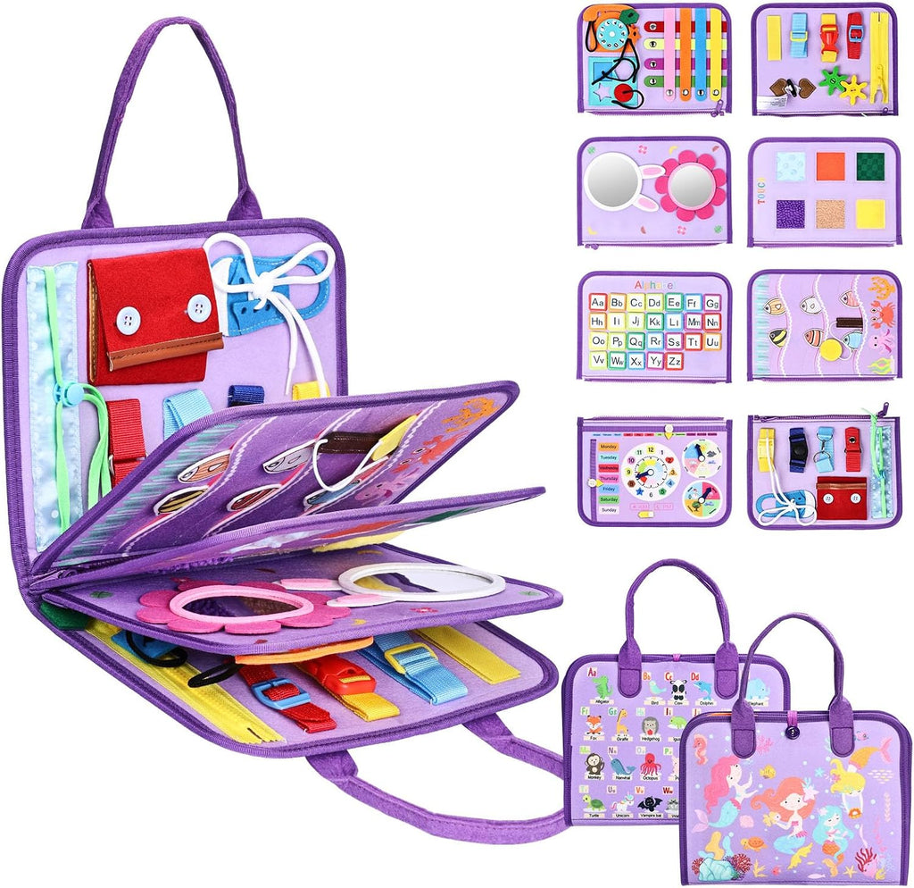 Juguetes Montessori de tablero ocupado, regalos de cumpleaños para niñas, juguete sensorial de viaje para autismo, libro de actividades educativas, aprendizaje preescolar, juguetes de habilidades motoras finas, morado